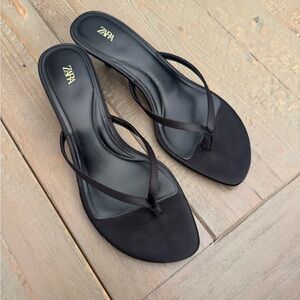 Zara Women's Black Satin Sandals Kitten Heel